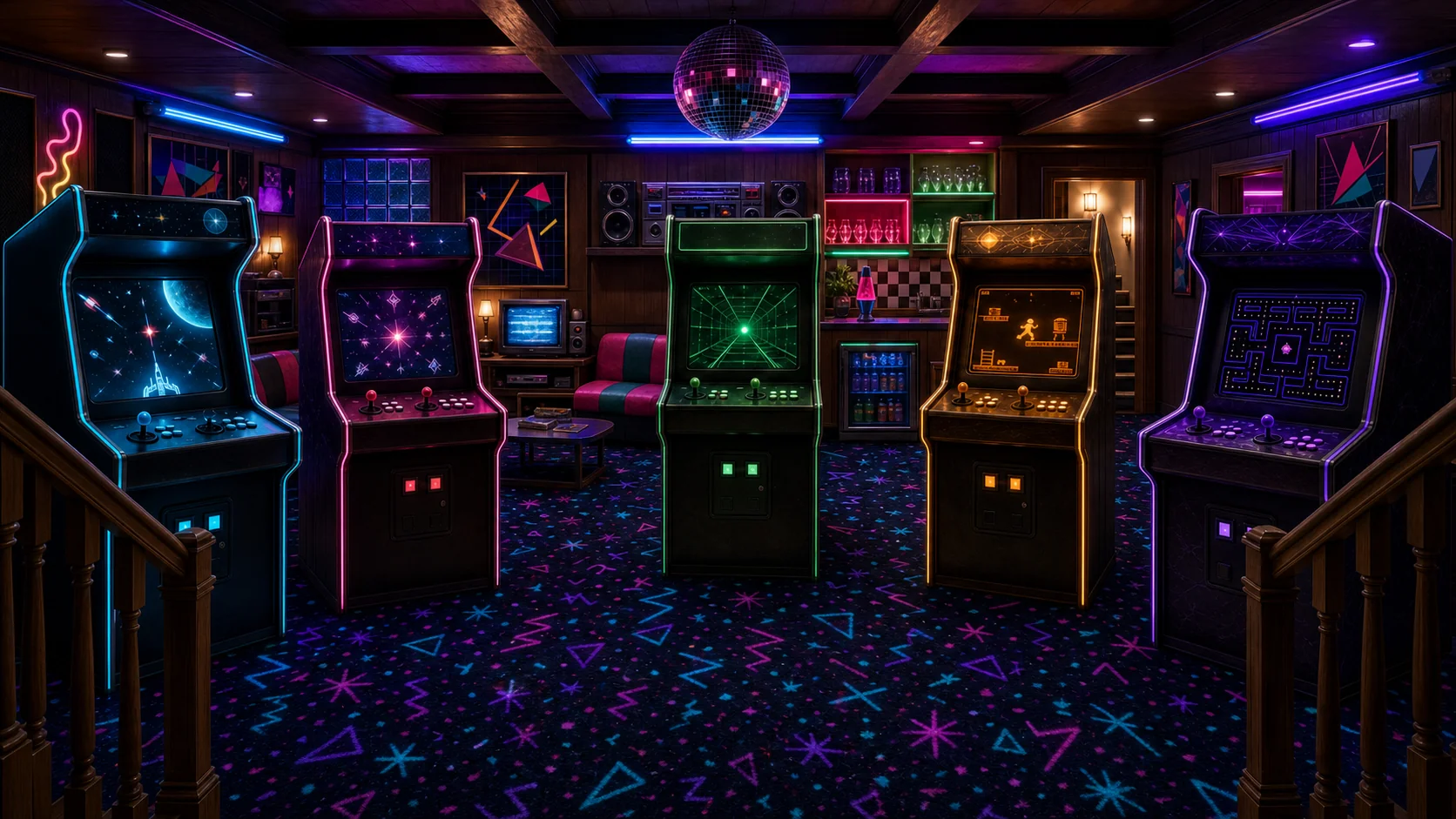 An eighties-inspired basement game room with five glowing arcade cabinets