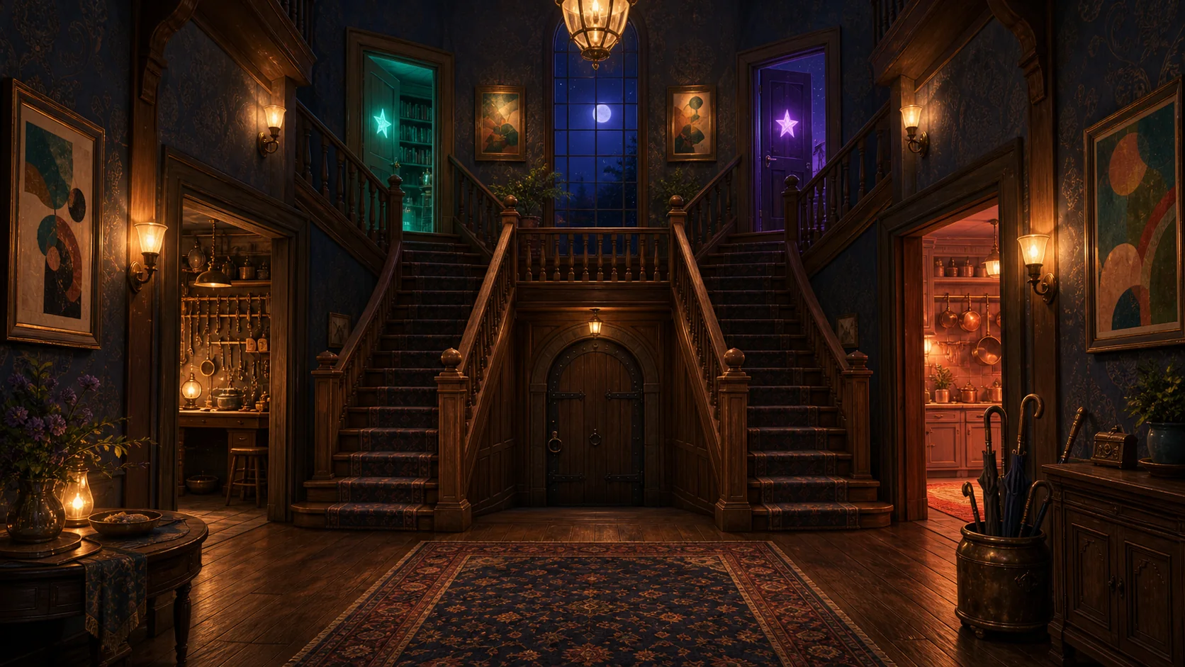 A warm two-story foyer with a split staircase and inviting doorways